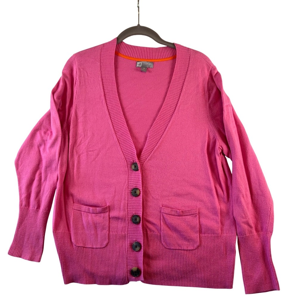 JC Penney 1X Pink Cashmere Blend V-Neck Button Front Cardigan Sweater Pockets 1X